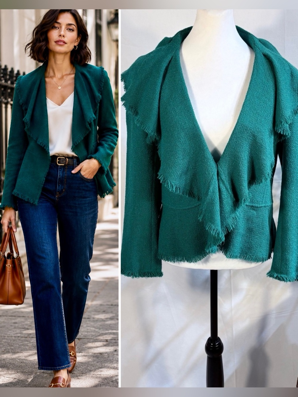 💥Lafayette 148 New York Emerald Wool Blend Tweed Draped Fringe Jacket Sz 8🧡